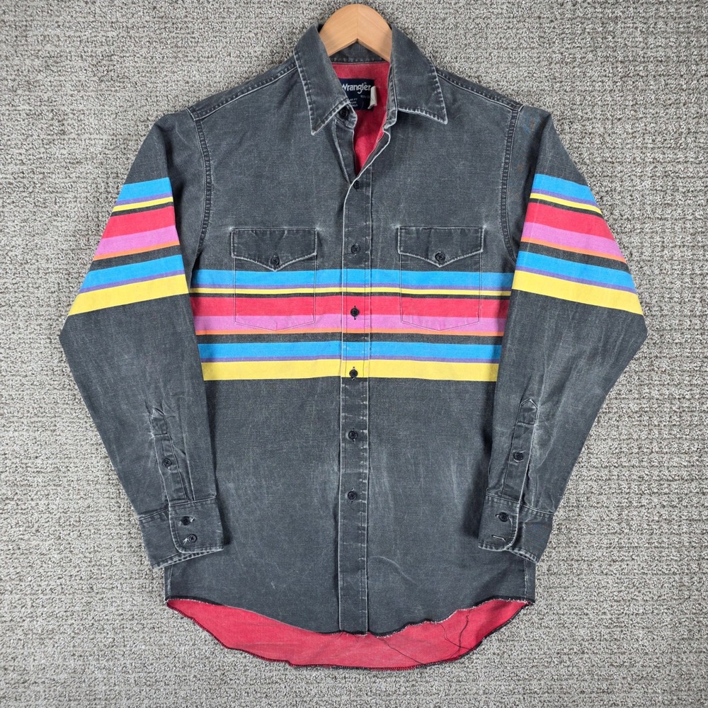 Vintage Wrangler Brushpopper Western Shirt Mens 15.5-33 Black Striped XLong Tail